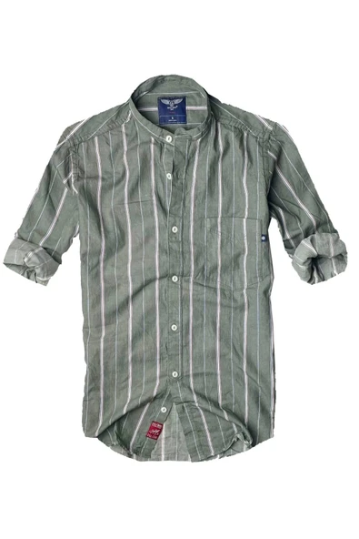 Slim Fit %100 Pamuk Kumaş Hakim Yaka Uzun Kol Gömlek-çizgili Haki- ürün görseli 1
