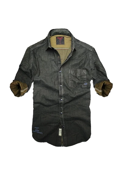 Slim Fit Saf Pamuk Denim Kumaş Kot Gömlek--koyu Karışık-- ürün görseli 1