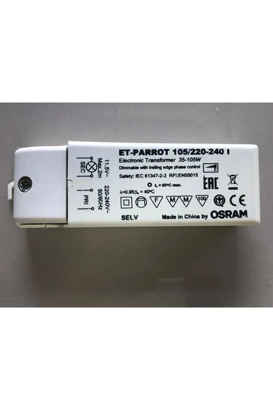 Osram 105W ELETRONİK TRAFO  ET-PARROT 35W-105W/220-240V   GİRİŞ:220V ÇIKIŞ:11,5V ürün görseli 1