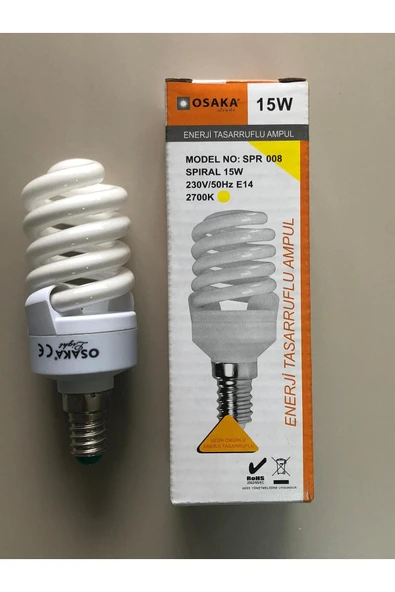 Osaka 3 ADET OSAKA 15W=75W  825 LÜMEN E 14 TASARRULU LAMBA 2700K SARI ürün görseli 1