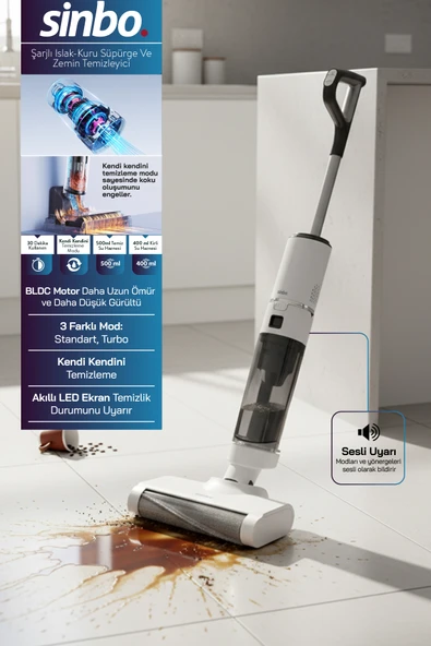 Sinbo SFC-4106 Islak Kuru Zemin Temizleyici - Beyaz – 3’ü 1 Arada Vakum Mop, LED Ekran ürün görseli 1