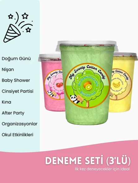 ÇİLEK, KİVİ, MUZ AROMALI 3'LÜ GURME PAMUK ŞEKERLER ürün görseli 1