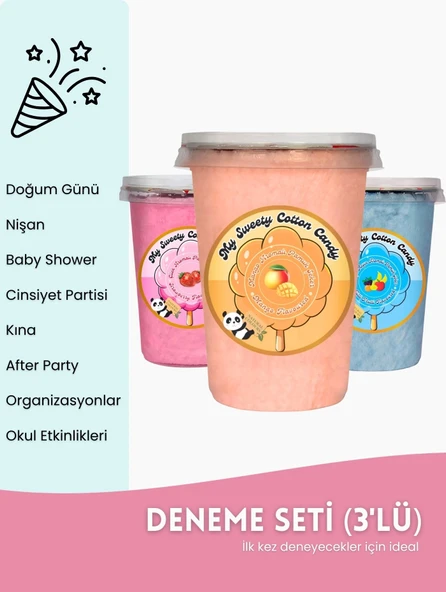 ÇİLEK, MANGO, TUTTİ FRUTTİ AROMALI 3'LÜ GURME PAMUK ŞEKERLER ürün görseli 1