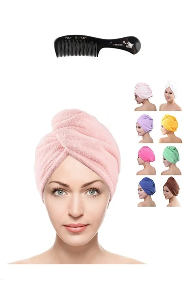 2'li Set Mikrofiber Üçgen Yumuşak %100 Pamuklu Düğmeli Havlu Saç Bonesi Düz Saç Tarağı ürün görseli 1