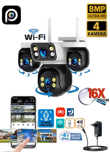 Esvision ES-5804 8MP 4 Kameralı Wifi  16X Zoom HiEasy Gece Görüş Çift Yönlü Ses Uzaktan İzleme Kişi Takibi Türkçe ürün görseli 1