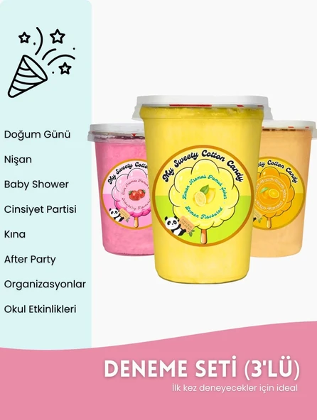 ÇİLEK, LİMON, PORTAKAL AROMALI 3'LÜ GURME PAMUK ŞEKERLER ürün görseli 1