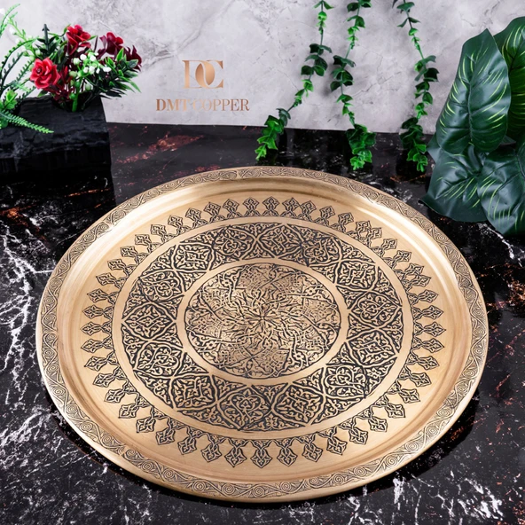 DMT Gaziantep Sarı Bakır 35 cm Osmanlı El İşi Sunum Gold tepsi Kına tepsisi 35 cm ürün görseli 1