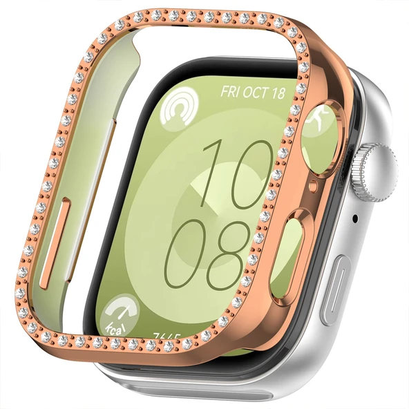 Huawei Watch Fit 3 İle Uyumlu Zarif Kristal Taşlı Kasa Koruyucu Kılıf  Rose Gold ürün görseli 1