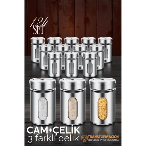 Cam+Çelik Tuzluk Biberlik Karabiberlik 3 Farklı Delikli 12 li SET ürün görseli 1