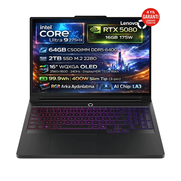Legion Pro 7 16IAX10H Ultra 9 275HX 64GB 2TB SSD RTX 5080 16GB 16" WQXGA OLED 240Hz Fdos 83F500GGTR ürün görseli 1