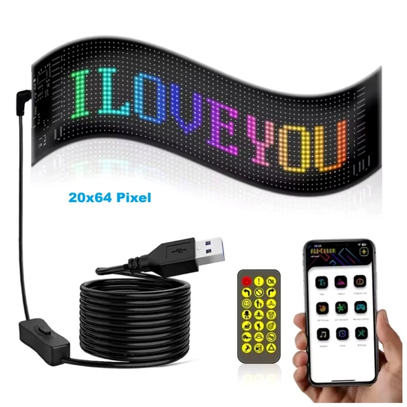 HyMark 35x10cm Programlanabilir LED Matrix Kayan Yazı 20x64 Pixel Emoji Tabela Araba Bluetooth APP Kontrol ürün görseli 1