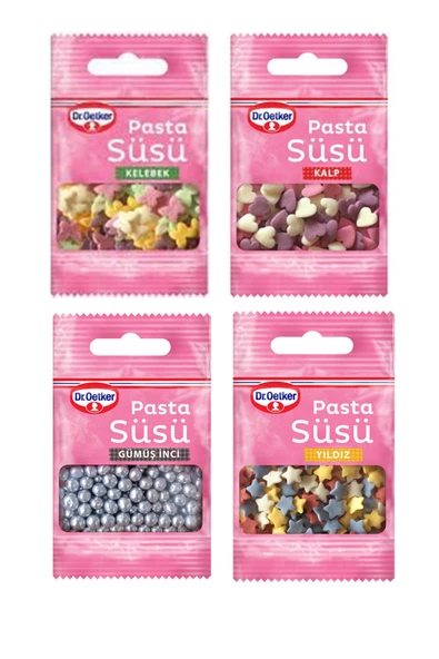 Dr. Oetker Dekor Serisi Pasta Süsü Kelebek, Kalp, Gümüş İnci, Yıldız (4 x 10 gram) ürün görseli 1