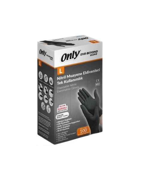 Only Evo Beyond Siyah Pudrasız Nitril Eldiven - Muayne İş Eldiveni - Large - 100'lü Paket ürün görseli 1