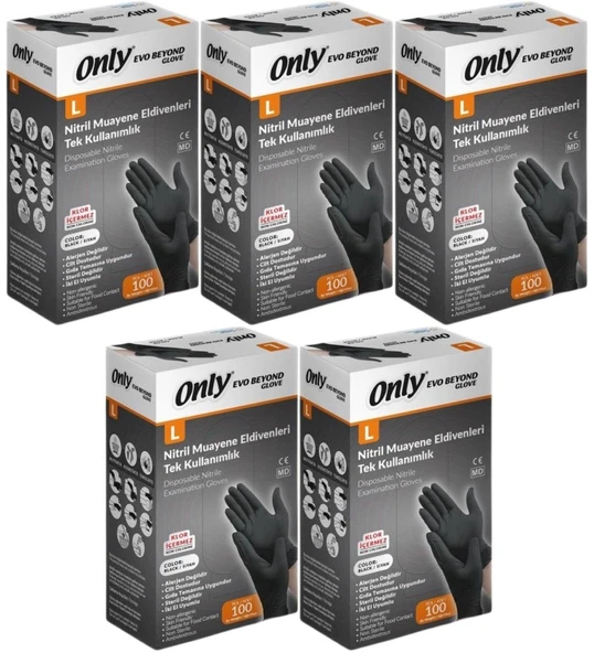 Only Evo Beyond Siyah Pudrasız Nitril Eldiven - Muayne İş Eldiveni - Large - 100'lü 5 Paket ürün görseli 1