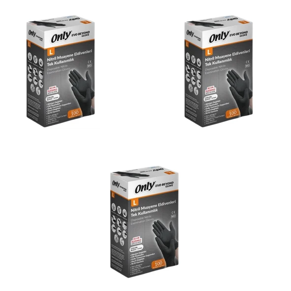 Only Evo Beyond Siyah Pudrasız Nitril Eldiven - Muayne İş Eldiveni - Large - 100'lü 3 Paket ürün görseli 1