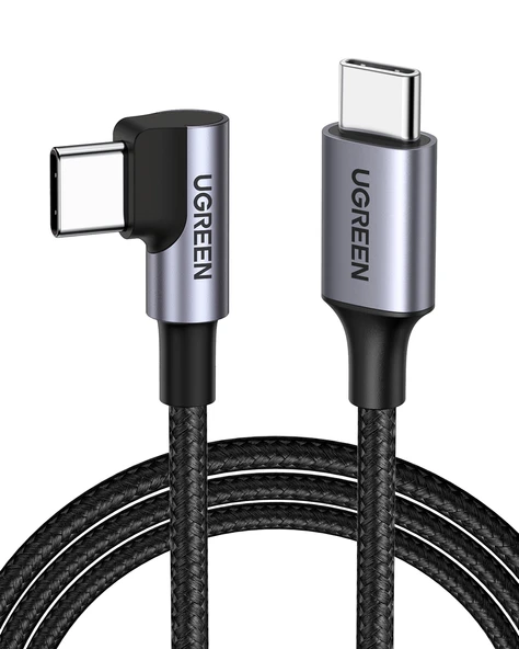 UGREEN USB-C 60W 3A QC PD 90 Derece Örgülü Hızlı Şarj Kalosu, 2 Metre, Siyah, 50125 ürün görseli 1