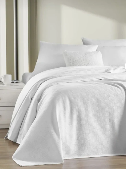 RENETİC Tek Kişilik %100 Pamuk Küçük Dama Desenli Yatak Örtüsü Otel Tipi Lüx Pike Beyaz 150x230 ürün görseli 1