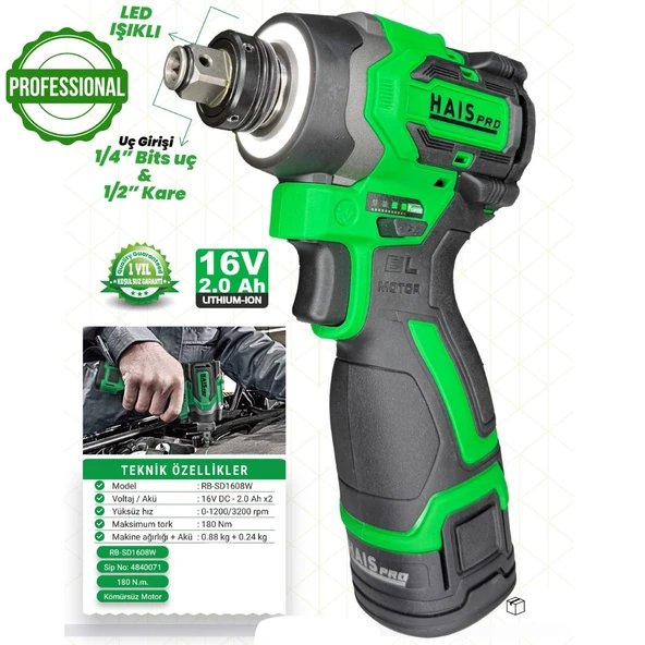 HaisPro 180 Nm Tork Akülü Somun Sıkma - Profesyonel Akülü Vidalama - 2x2 Ah Çift Akü - RB-SD1608W ürün görseli 1
