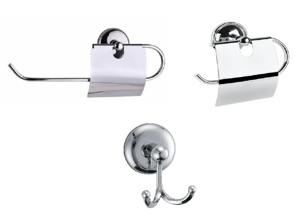 MK Yapışkanlı Krom  Üçlü Banyo Aksesuar Seti - Kapaklı Havlu Kağıtlık - Banyo Askısı - Kapaklı Tuvalet Kağıtlık ürün görseli 1