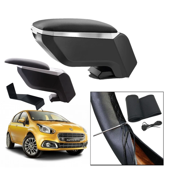 Lüks Set Fiat Punto Evo 2014 Delmesiz Çelik Ayaklı Gri-Siyah Kolçak Kol Dayama, Direksiyon Kılıfı ürün görseli 1