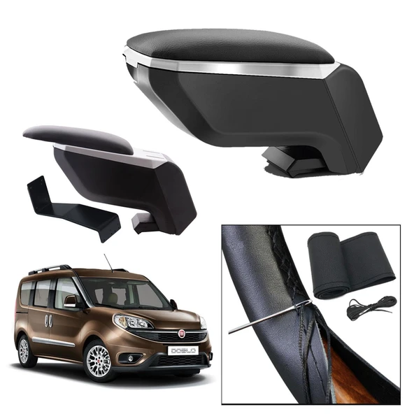 Lüks Set Fiat Doblo 2 2013 Delmesiz Çelik Ayaklı Gri-Siyah Kolçak Kol Dayama, Direksiyon Kılıfı ürün görseli 1