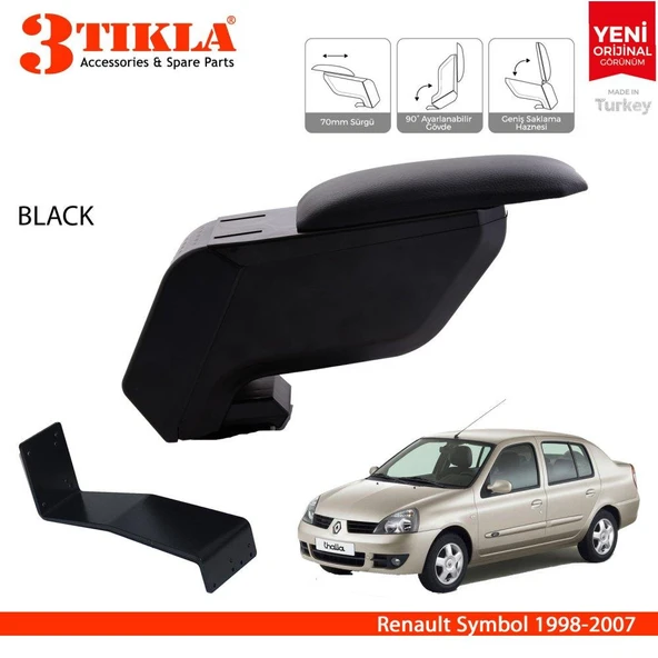 Renault Symbol 1998-2007 Delmesiz Çelik Ayaklı Siyah Kolçak Kol Dayama ürün görseli 1