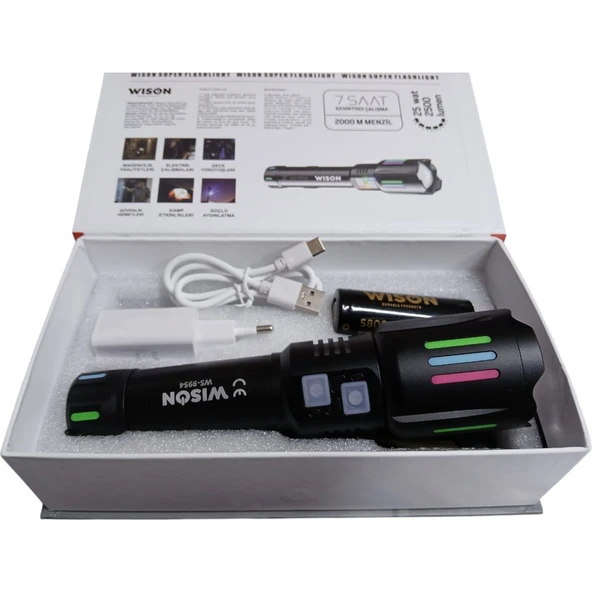 Wison 9954 Profesyonel El Feneri + Yeşil Lazer | 25W – 2500 Lümen – 5800 Mah Batarya – 2000 Metre Menzil – Metal Gövde ürün görseli 1