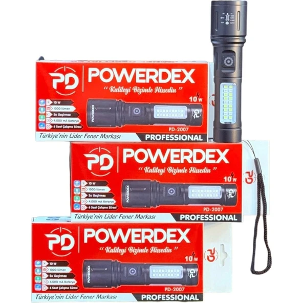 Powerdex PD-2007 Şarjlı El Feneri | 10W Led, 1000 Lümen, Zoom, Cob Yan Işık + Çakar Mod, Suya Dayanıklı ürün görseli 1