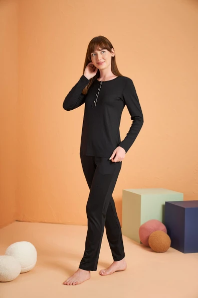 Pjs Kadın Viskon 4 Mevsim Kumaş Düğmeli Uzun Kollu Pijama Takım ürün görseli 1