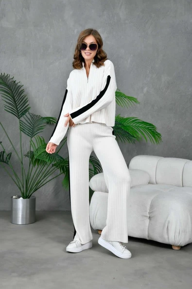 IŞŞIL 10858-Fermuarlı Yaka OverSize Pantolonlu Triko Takım ürün görseli 1