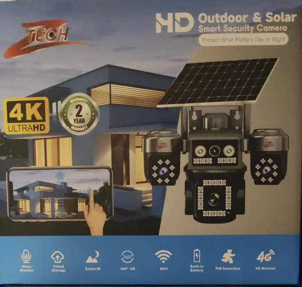 Gerçek 4 Kameralı 8MP SOLAR PTZ SİM KART DESTEKLİ e-sim GECE GÖRÜŞLÜ Çift GÜNEŞ Panelli GÜVENLİK KAMERASI ürün görseli 1