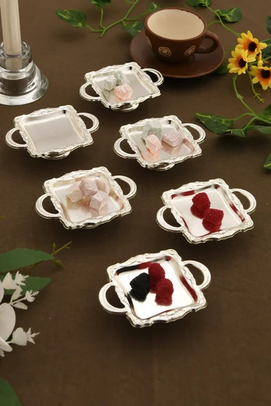 Mucit Home Mini Kulplu Kare Model Ayaklı lokumluk 6'lı Takım Gümüş ürün görseli 1