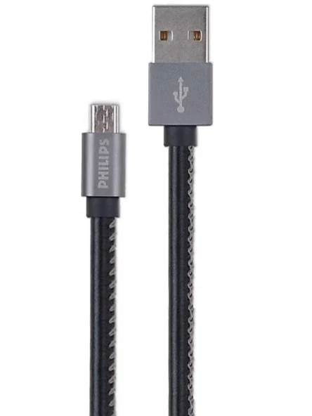Kutu Hasarlı vPhilips 3A 60W UsbA to Micro Deri Kaplama Hızlı Şarj ve Data Kablosu 1.2m Siyah DLC2518B/97 ürün görseli 1