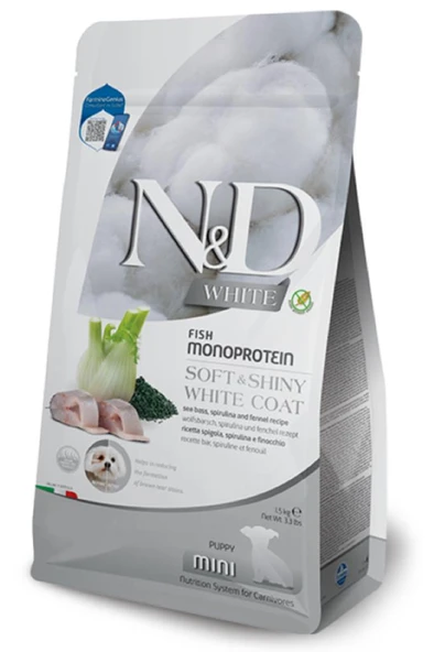 N&D BEYAZ TÜYLÜ KÜÇÜK IRK YAVRU KÖPEKLER 1,5 KG Levrek, spirulina ve rezene Yavru Mini ürün görseli 1