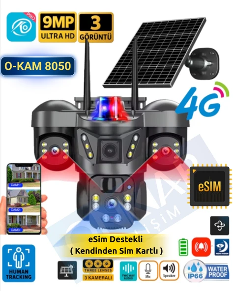 Okam 8050 Solar Güneş Enerjili 4G Sim Kartlı eSim Destekli 9MP 3 Lens Güvenlik Kamerası ürün görseli 1