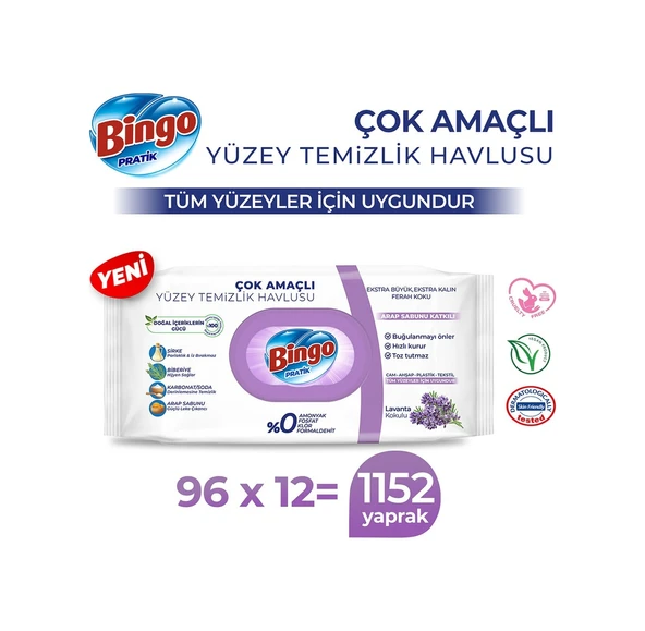 Bingo Pratik Arap Sabunu Katkılı Lavanta Yüzey Temizlik Havlusu 12 x 96'lı ürün görseli 1