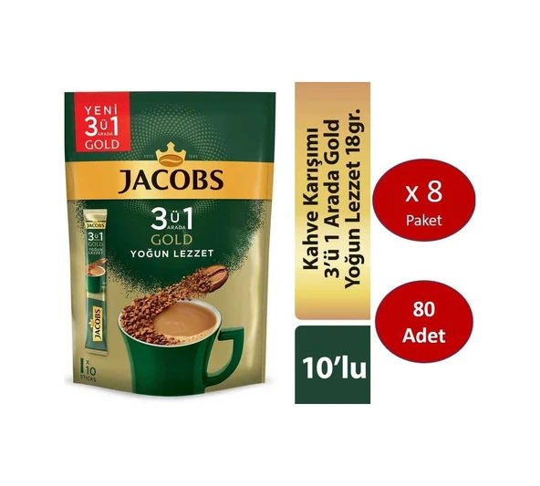 Jacobs 3ü1 Arada Gold Kahve Karışımı Yoğun Lezzet 80 Adet 10 X 8 Paket Hazır ürün görseli 1