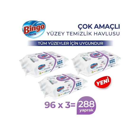 Bingo Pratik Arap Sabunu Katkılı Lavanta Yüzey Temizlik Havlusu 3 x 96'lı ürün görseli 1
