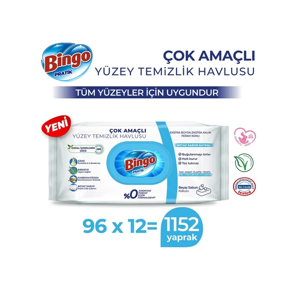 Bingo Pratik Beyaz Sabun Yüzey Temizlik Havlusu 12 x 96'lı ürün görseli 1