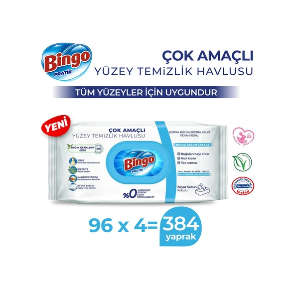 Bingo Pratik Yüzey Temizlik Havlusu Beyaz Sabun 4 x 96'lı ürün görseli 1