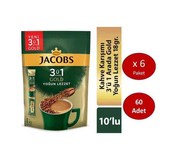 Jacobs 3ü1 Arada Gold Kahve Karışımı Yoğun Lezzet 60 Adet 10 X 6 Paket Hazır ürün görseli 1