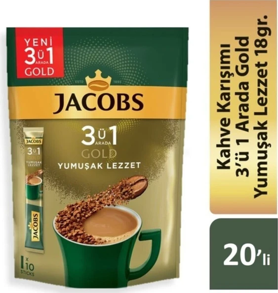 Jacobs 3'ü 1 Arada Gold Yumuşak İçim Karışım Kahve 120'li 10 x 2 Paket ürün görseli 1