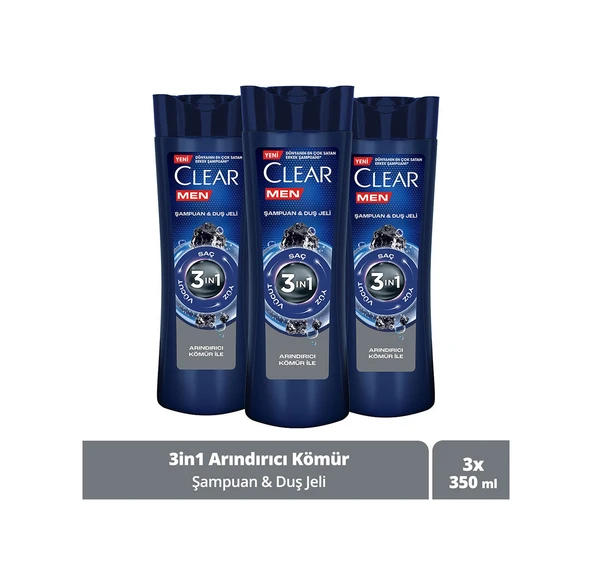Clear Men Arındırıcı Kömür 3'ü 1 Arada Şampuan ve Duş Jeli 3 x 350 ML ürün görseli 1