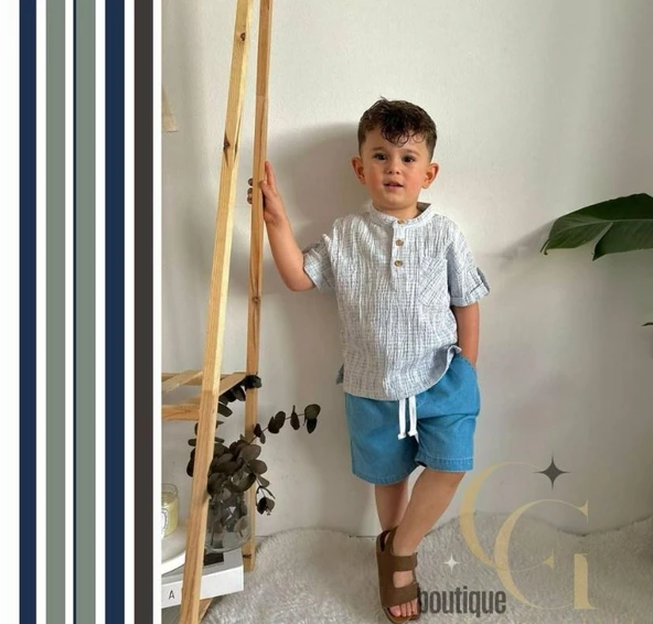 Cg Kids Hakim Yaka Gömlek Fitilli Alt Mavi Jean Kumaş Kot Şort Beli Lastikli Erkek Çocuk Alt Üst Takım ürün görseli 1