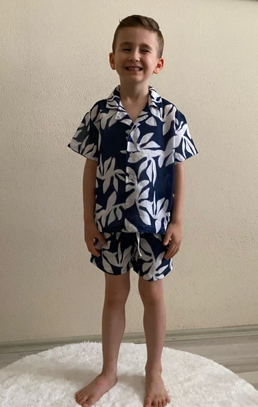 Cg Kids Lacivert Ince Keten Yaprak Desen Kaliteli Kumaş Erkek Çocuk Alt Üst Takım ürün görseli 1