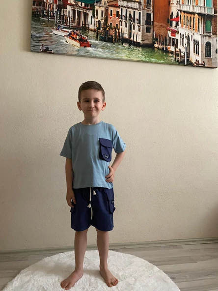 Cg Kids Lacivert Kargo Cep Şort Detaylı Kaliteli Kumaş Erkek Çocuk Alt Üst Takım ürün görseli 1