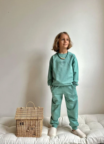 Cg Kids Su Yeşili Enjeksiyon Baskılı (Silikon Işleme) 2 Iplik Kumaş Erkek Çocuk Alt Üst Takım Süper Kalite ürün görseli 1