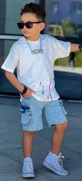 Cg Kids Future Baskı Basic Mavi Komando Cepli Şort Erkek Çocuk Alt Üst Takım ürün görseli 1