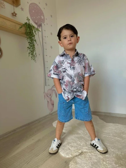 Cg Kids Yaprak Desenli Keten Gömlek Jean Kot Şort Erkek Çocuk Alt Üst Takım ürün görseli 1