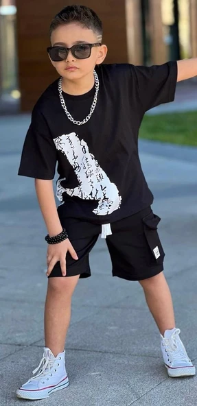 Cg Kids Kargo Cepli Şort Basic A Baskı Erkek Çocuk Alt Üst Takım - Resim 2